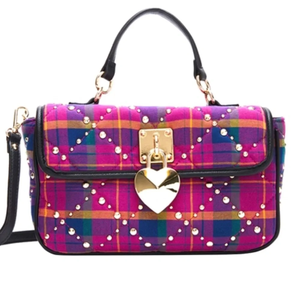 Betsey Johnson Pretty & Punk Plaid Studded Flap Satchel, Pink Multi